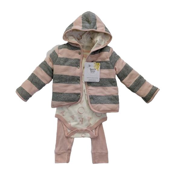 Burt’s Bees Baby Girl Set 3 Pc Jumpsuit Hooded Jacket Pants 6 9 Months Organic - Picture 2 of 6